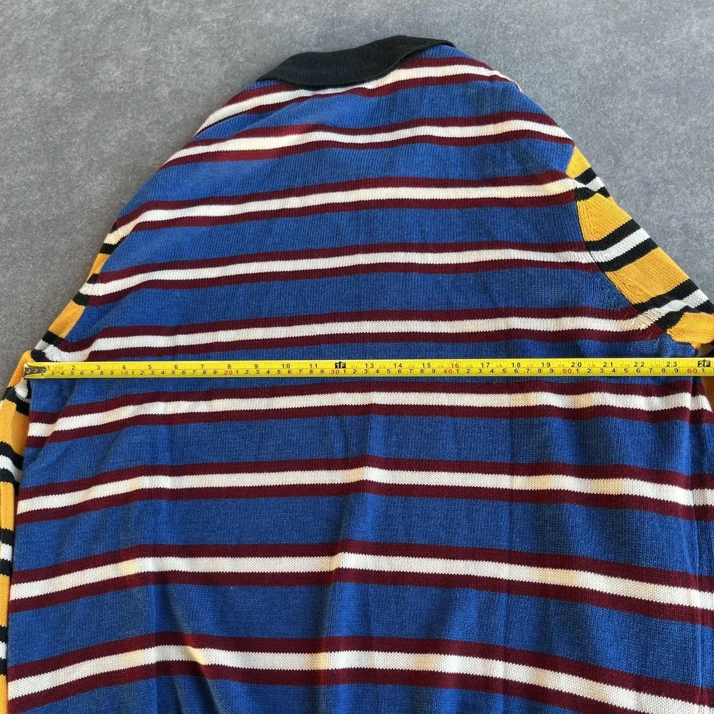 HOMME + FEMME Sweater Mens 2XL‎ Blue Yellow Striped Polo Collar Knit Logo Patch